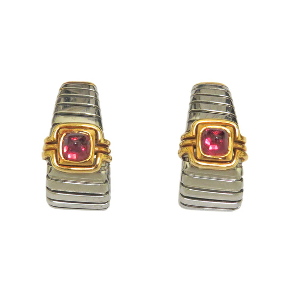 Bulgari Tubogas Gold and Steel Pink Tourmaline Earrings