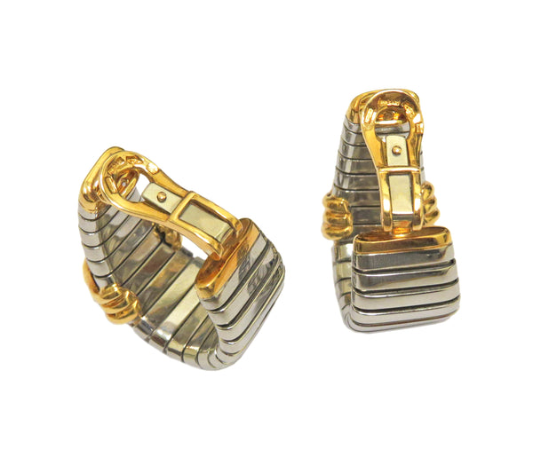 Bulgari Tubogas Gold and Steel Pink Tourmaline Earrings