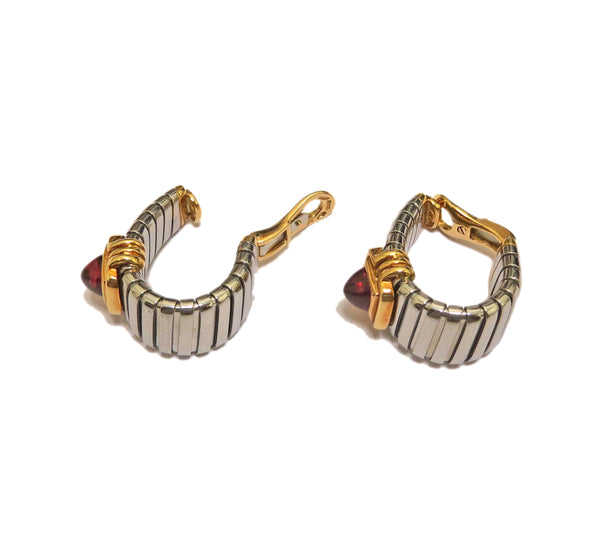 Bulgari Tubogas Gold and Steel Pink Tourmaline Earrings
