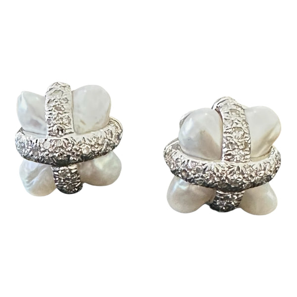 Christopher Walling Gold Diamond Biwa Pearl Earrings