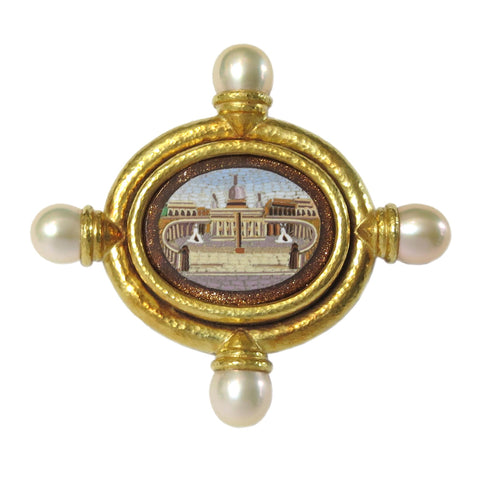 Elizabeth Locke Vatican Micro Mosaic Pearl Gold Brooch Pin
