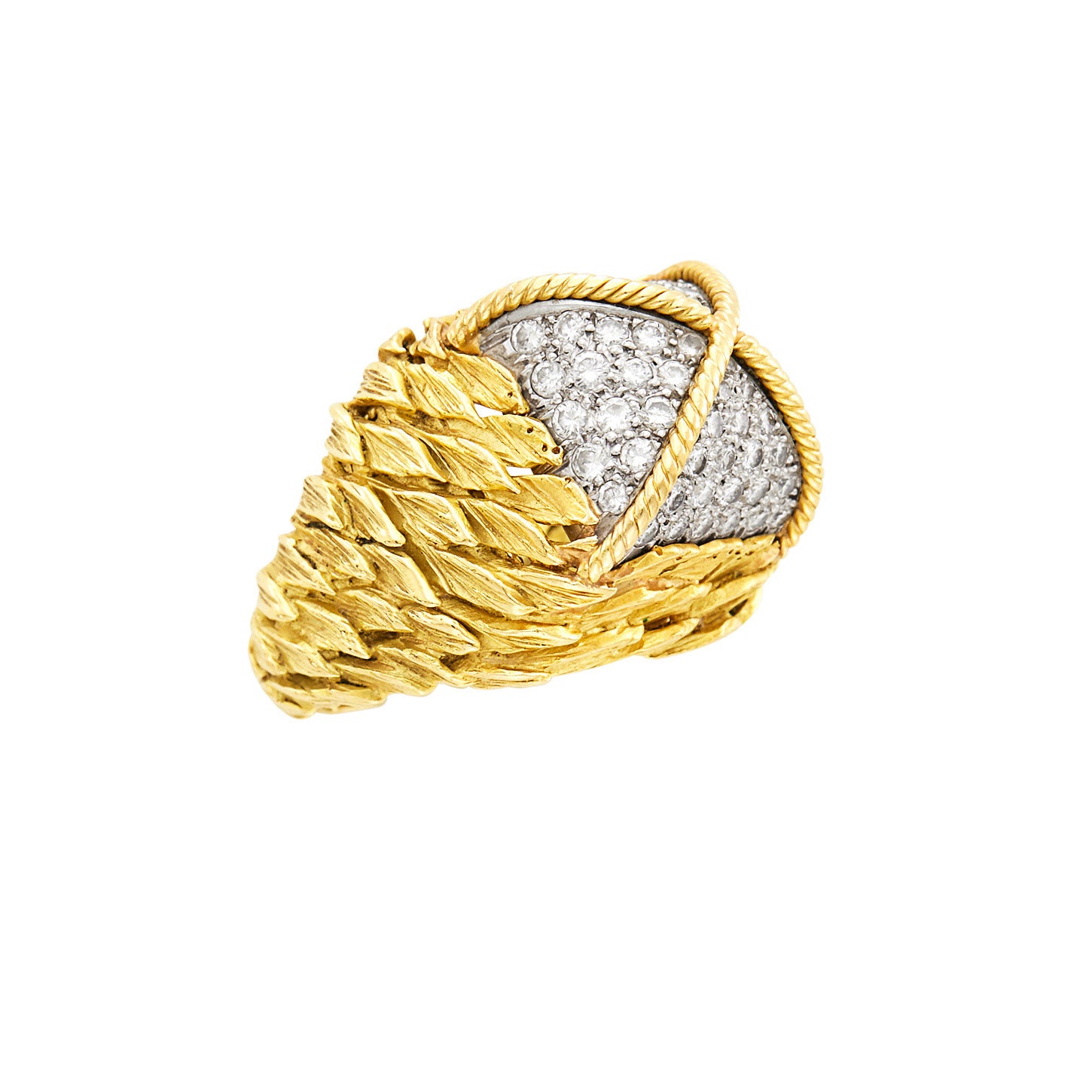 David Webb Leaf Motif Gold Platinum Diamond Ring