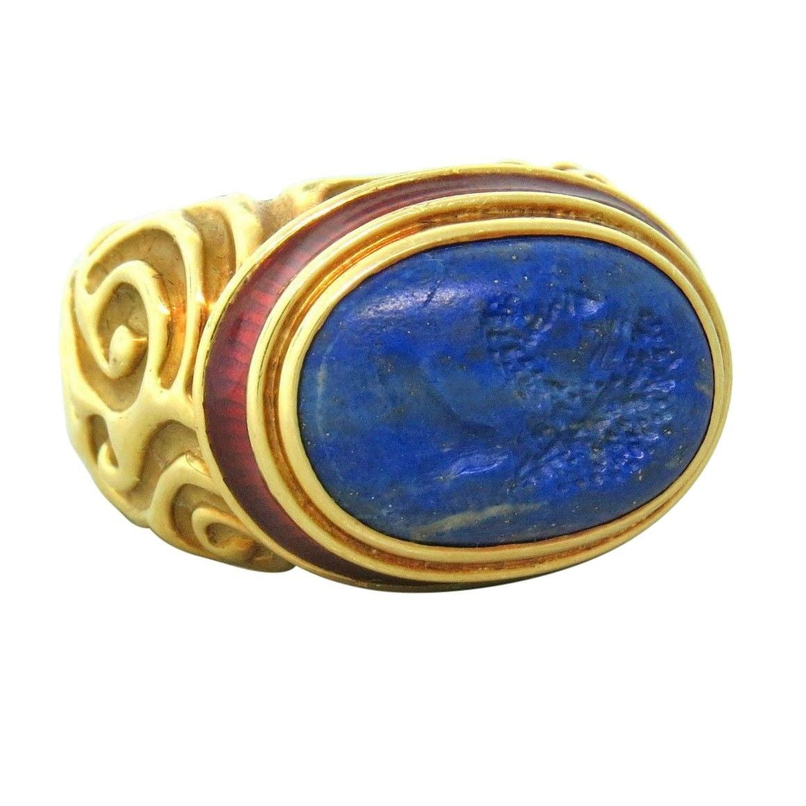 Elizabeth Gage Carved Gold Lapis Lazuli Enamel Ring