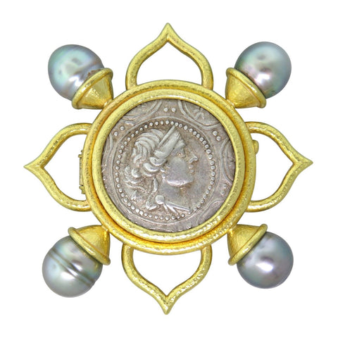 Elizabeth Locke Gold Roman Coin Pearl Brooch