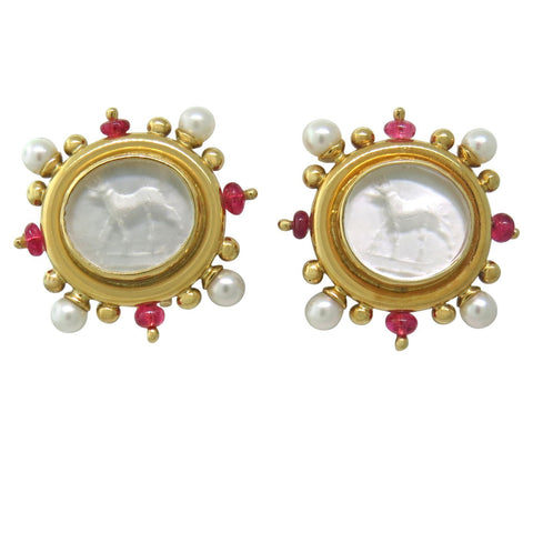 Elizabeth Locke Gold Intaglio Tourmaline Pearl Earrings