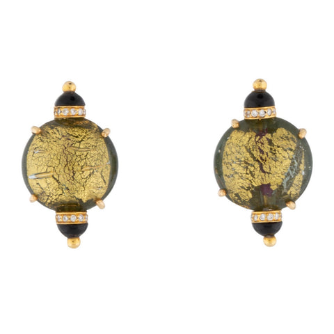 Lotus Arts de Vivre Gold Glass Onyx Diamond Earrings