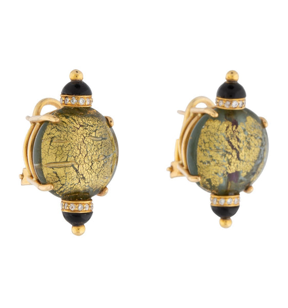 Lotus Arts de Vivre Gold Glass Onyx Diamond Earrings