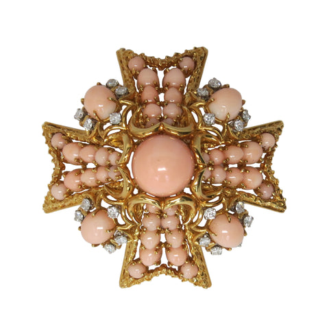 Vintage 1960s Gold Coral Diamond Brooch Pin