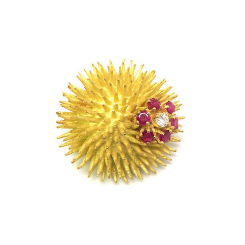 Tiffany & Co Vintage Gold Ruby Diamond Sea Urchin Brooch Pin
