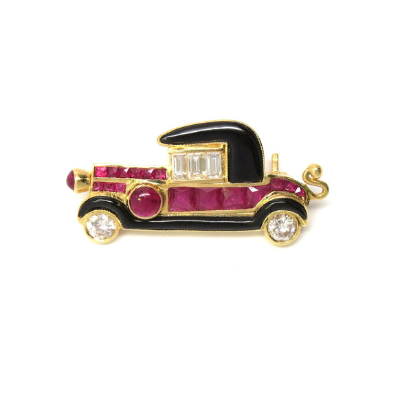 Adorable Gold Ruby Diamond Onyx Vintage Car Brooch Pin