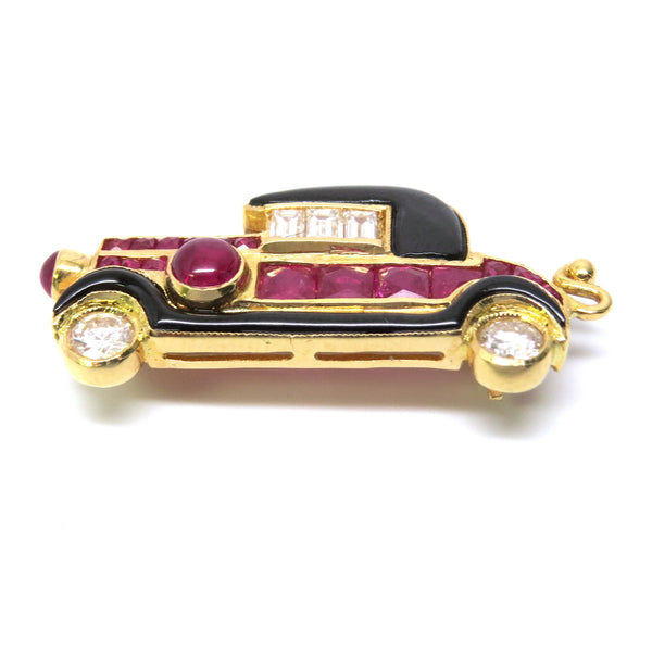 Adorable Gold Ruby Diamond Onyx Vintage Car Brooch Pin