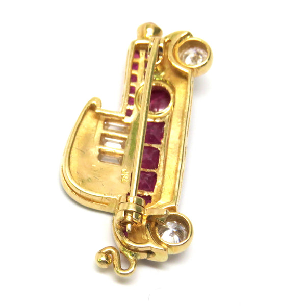 Adorable Gold Ruby Diamond Onyx Vintage Car Brooch Pin