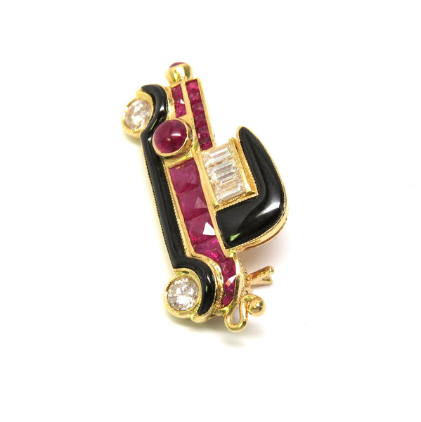 Adorable Gold Ruby Diamond Onyx Vintage Car Brooch Pin