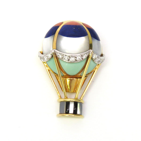 Asch Grossbardt Gold Diamond Gemstone Hot Air Balloon Brooch Pin