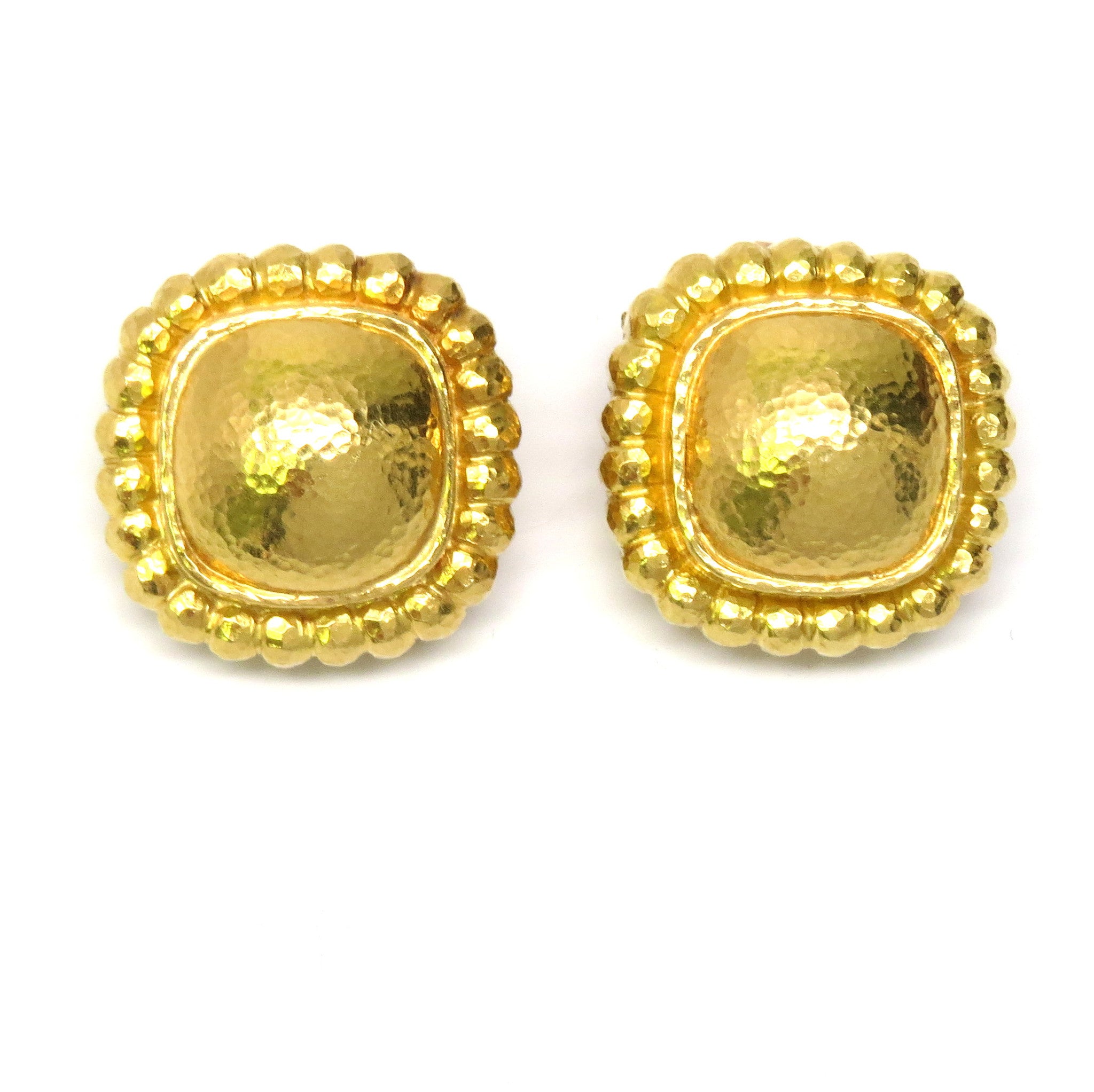 Elizabeth Locke Large Square Cushion Gold Earrings With Crenelated Bezel