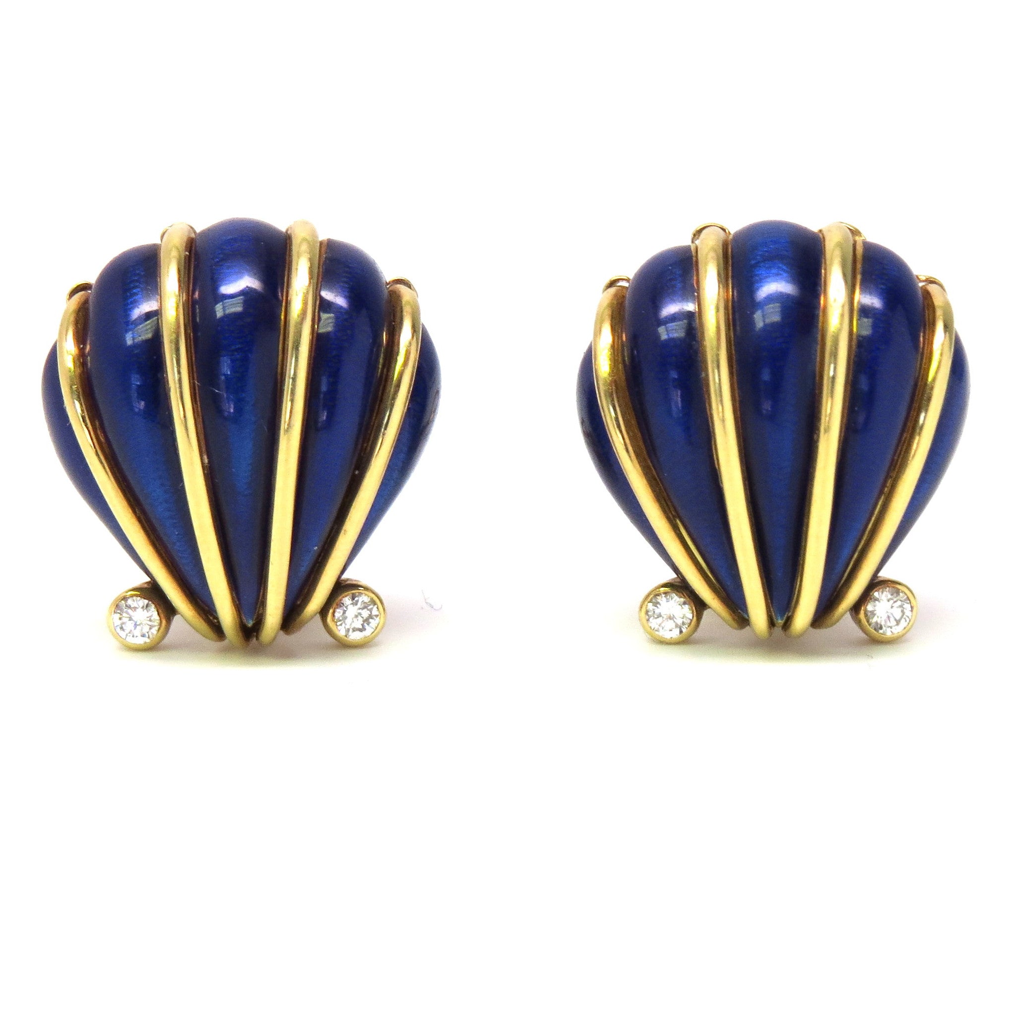 Tiffany & Co Jean Schlumberger Gold Diamond Blue Enamel Shell Earrings