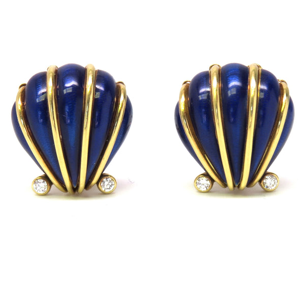 Tiffany & Co Jean Schlumberger Gold Diamond Blue Enamel Shell Earrings
