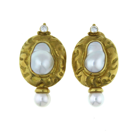 Elizabeth Gage Gold Baroque Pearl Diamond Earrings