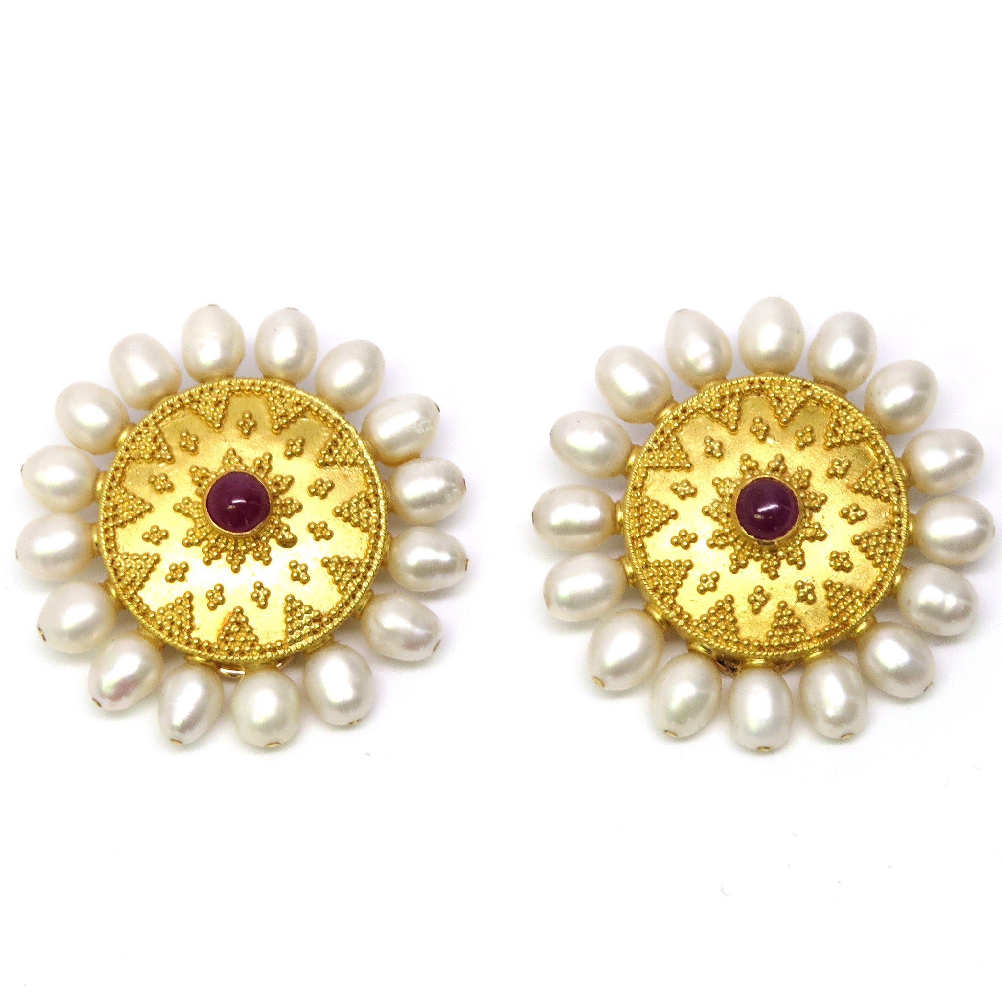 Ilias Lalaounis Greece Gold Ruby Cabochon Pearl Earrings