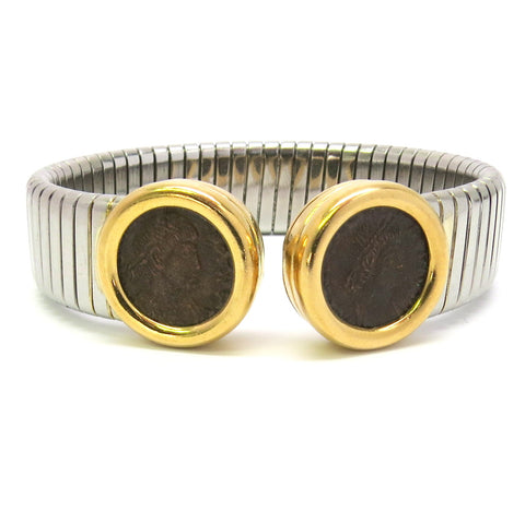 Bulgari Monete Ancient Coin Gold and Steel Tubogas Cuff Bracelet