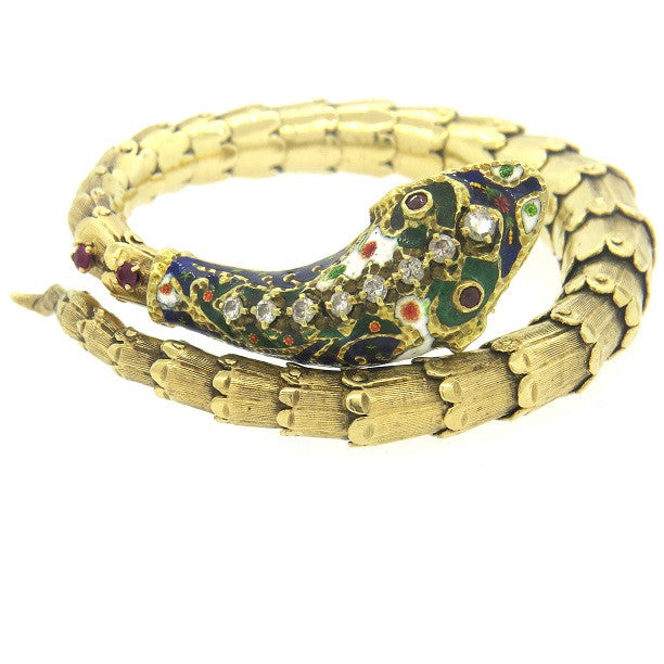 1950s Gold Diamond Ruby Enamel Snake Bracelet