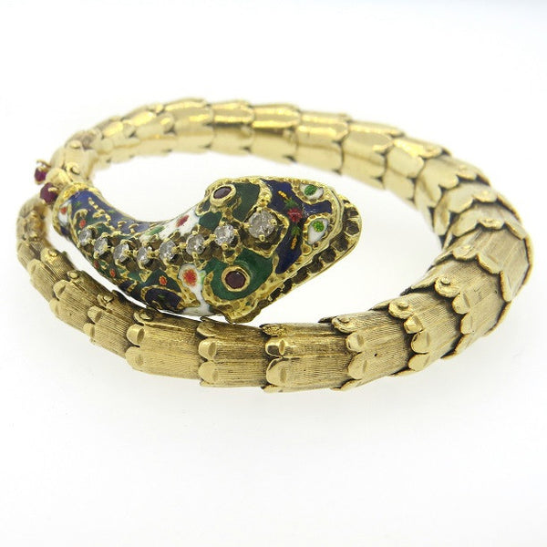 1950s Gold Diamond Ruby Enamel Snake Bracelet