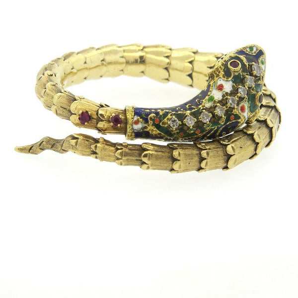 1950s Gold Diamond Ruby Enamel Snake Bracelet