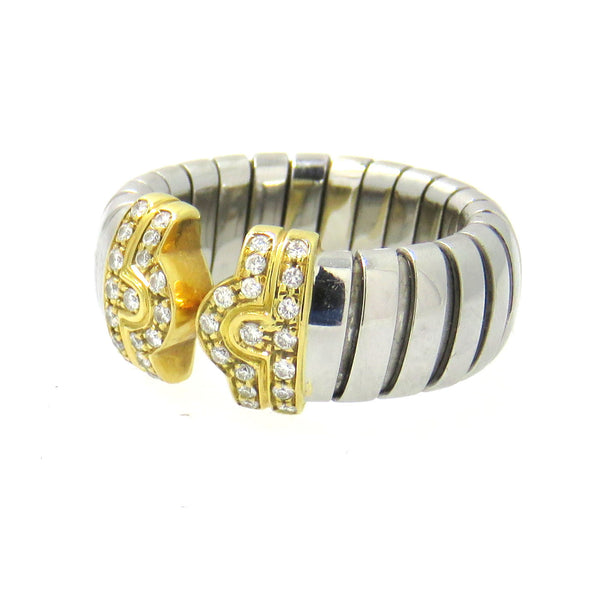 Bulgari Tubogas Steel Gold Diamond Cuff Ring