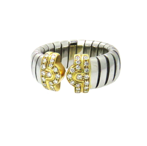 Bulgari Tubogas Steel Gold Diamond Cuff Ring