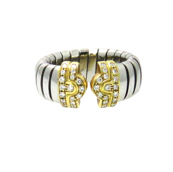 Bulgari Tubogas Steel Gold Diamond Cuff Ring