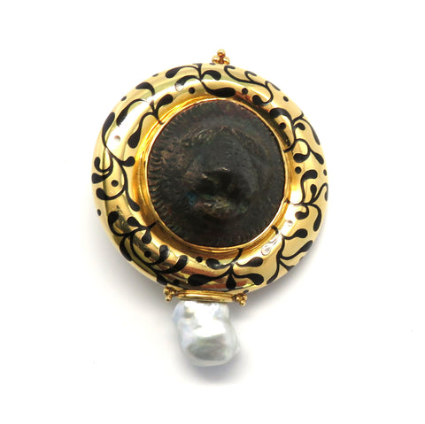 Large Elizabeth Gage Gold Pearl Bronze Lion Brooch