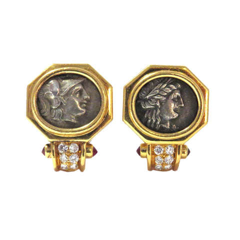 Bulgari Monete Ancient Coin Ruby Diamond Gold Earrings