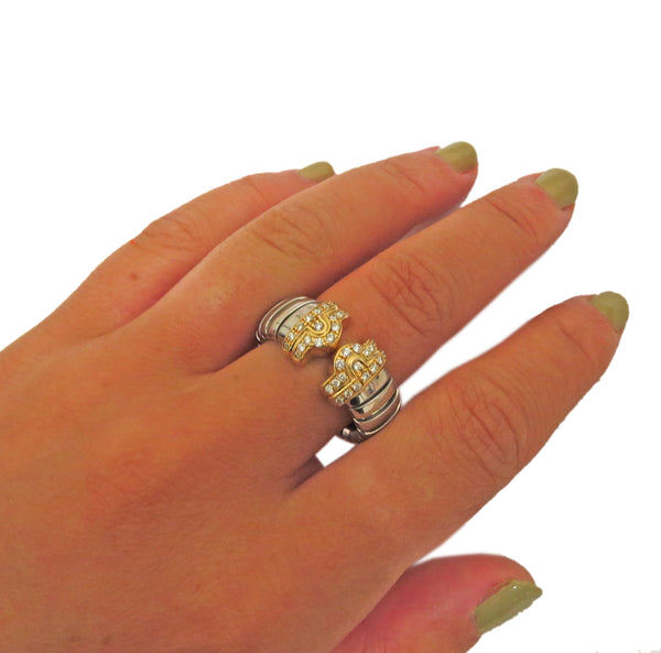 Bulgari Tubogas Steel Gold Diamond Cuff Ring