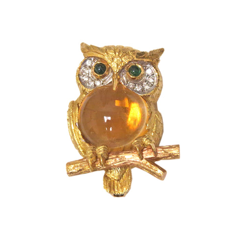 E. Wolfe & Co. Gold Cirtine Emerald Diamond Owl Brooch Pin