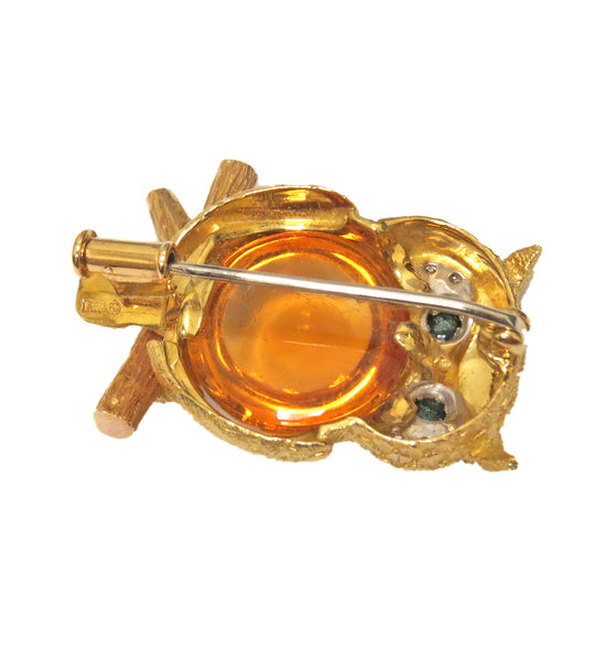 E. Wolfe & Co. Gold Cirtine Emerald Diamond Owl Brooch Pin