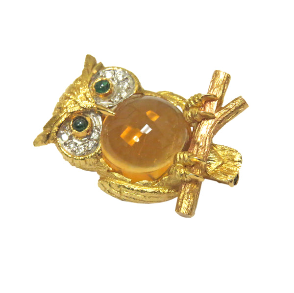 E. Wolfe & Co. Gold Cirtine Emerald Diamond Owl Brooch Pin