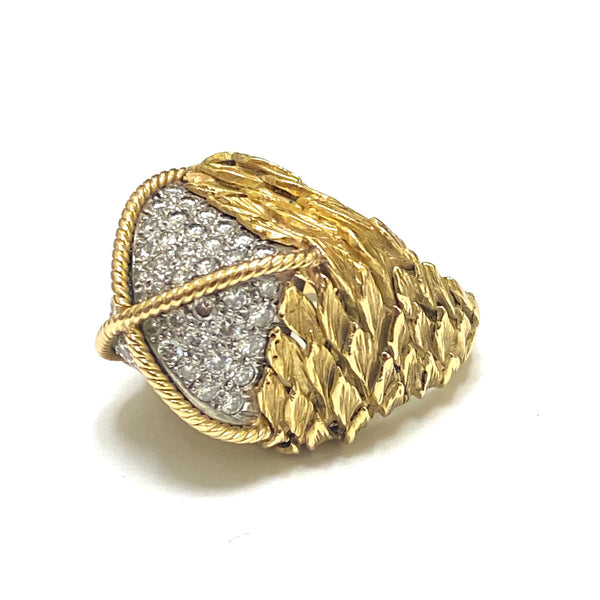 David Webb Leaf Motif Gold Platinum Diamond Ring