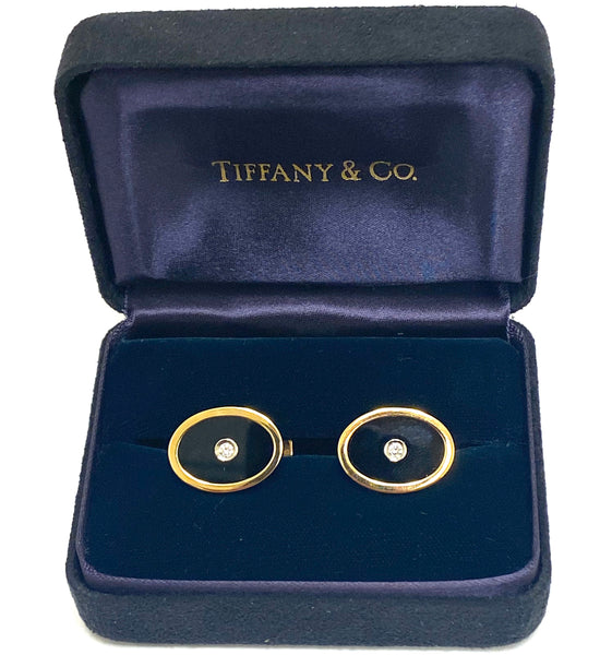 Tiffany & Co Gold Onyx Diamond Cufflinks