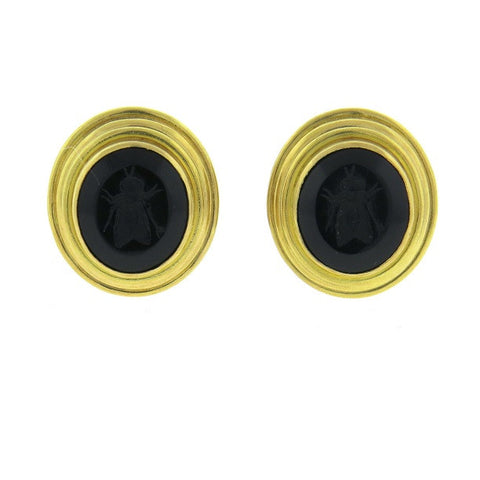 Elizabeth Locke Gold Onyx Intaglio Bee Earrings