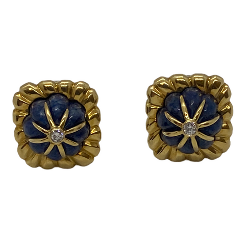 Vintage 18k Gold Carved Lapis Diamond Earrings