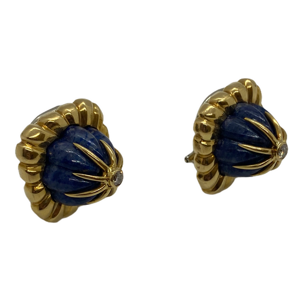 Vintage Gold Carved Lapis Diamond Earrings