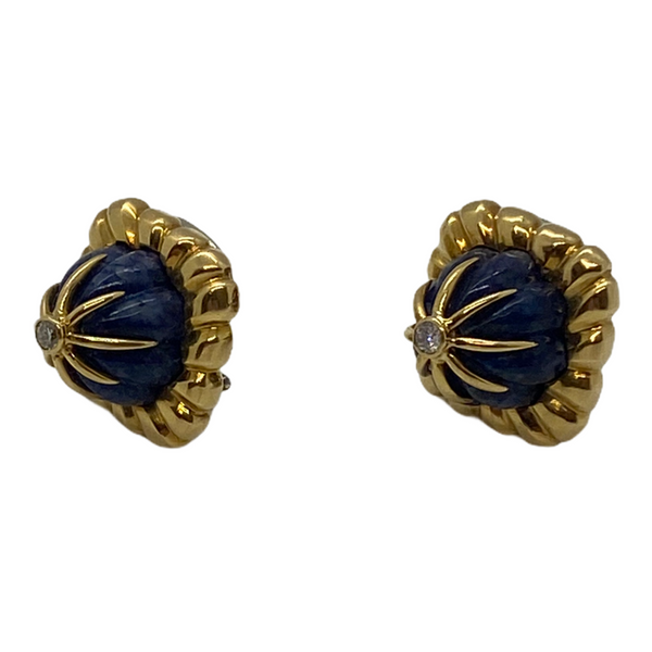 Vintage Gold Carved Lapis Diamond Earrings