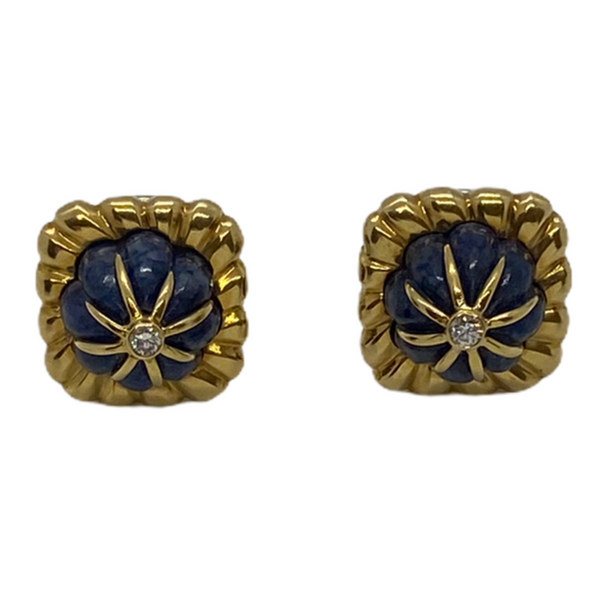 Vintage Gold Carved Lapis Diamond Earrings