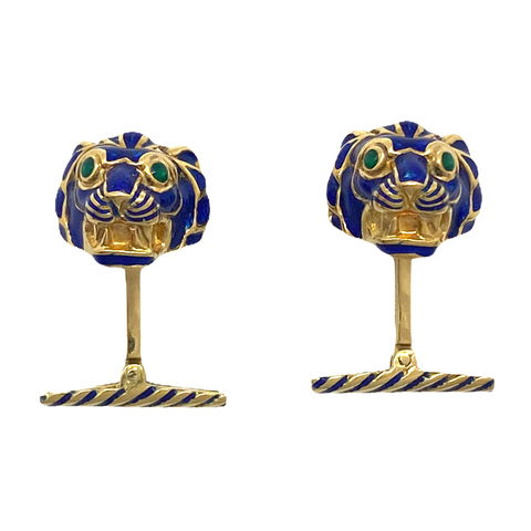 David Webb Gold Enamel Emerald Lion Cufflinks