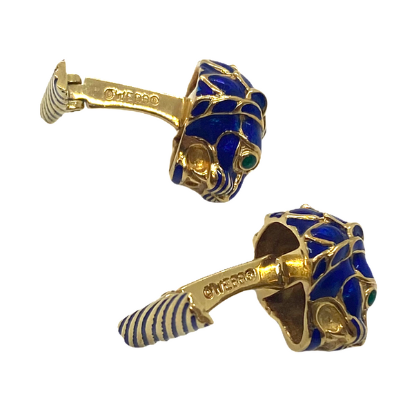 David Webb Gold Enamel Emerald Lion Cufflinks